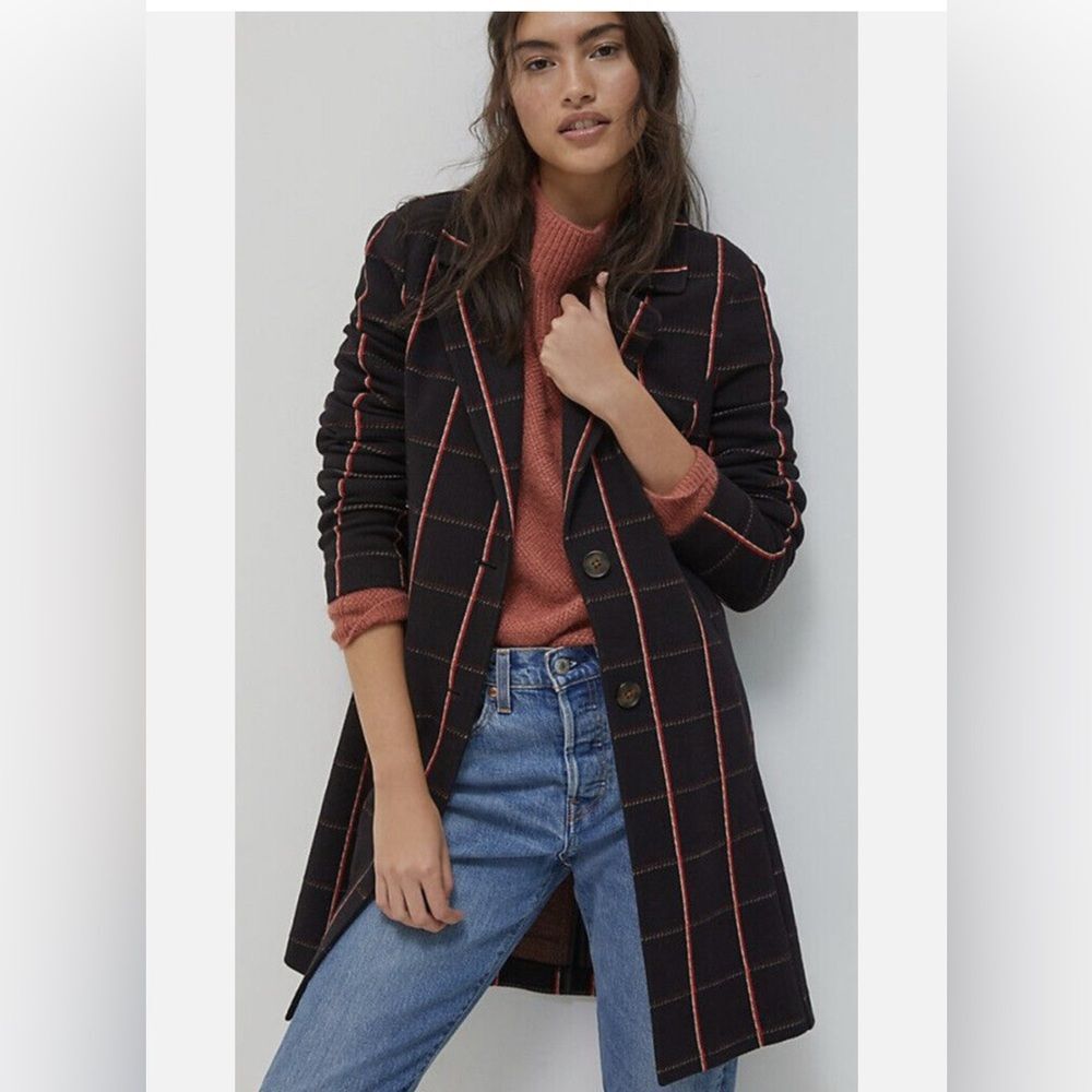 AVEC LES FILES Anthropologie Black Plaid Trench Coat NWT size Small